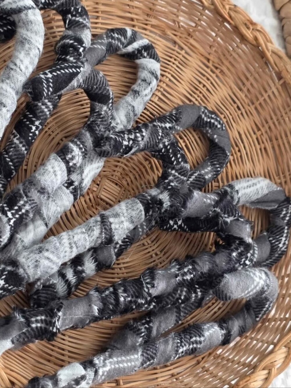 (10) Fabric Wrapped Candy Canes, Ombre Fray Black/Gray & White Mix